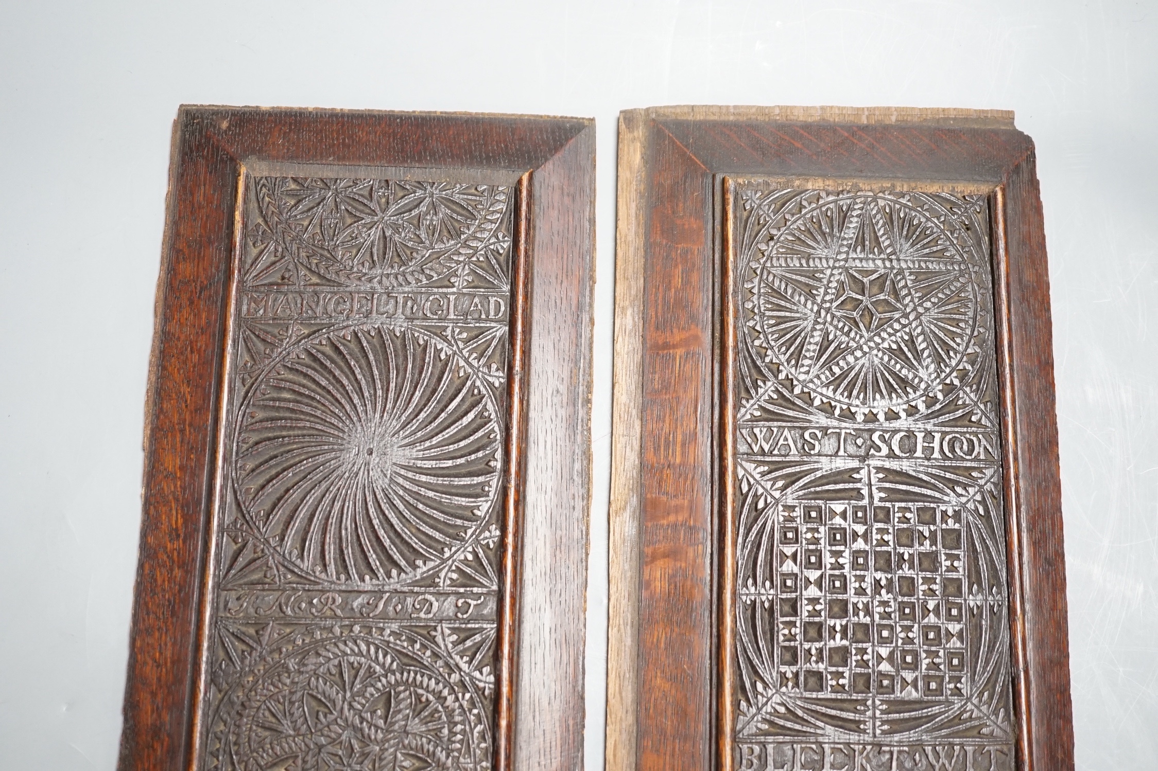 A pair of 18th century Scandinavian carved oak panels in later frames 18x36cm, possibly adapted from a mangle board
